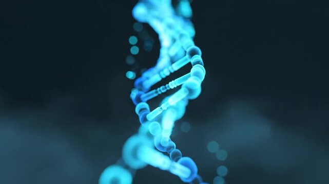 Luminous Blue DNA Helix Animation Against a Dark, Abstract Background