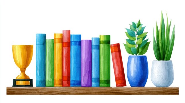 Colorful books, golden trophy, and two green plants on a wooden shelf against a white background
