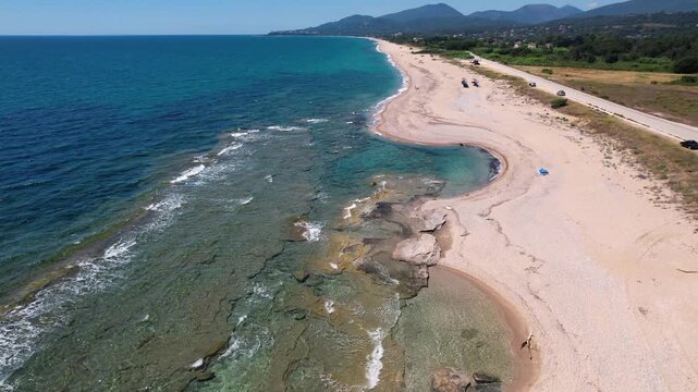 Aerial Wide Shot of Kanali Beach in Preveza Greece, Ionian Coastline with Crystal Clear Waters