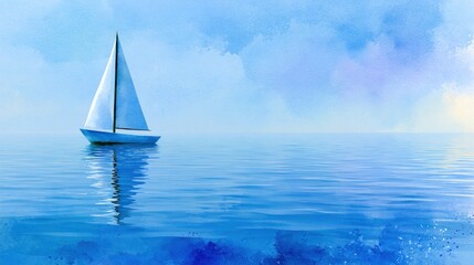 Fototapeta premium A serene sailboat drifts on calm blue waters under a clear, soft sky with gentle reflections