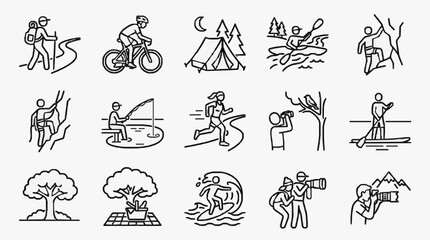 Modern Black and White Line Set of Outdoor Activities and Nature Elements for Travel or Adventure Themes © Mad
