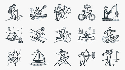 Obraz premium Industrial Style Line Drawing Set of 15 Minimalist Outdoor and Adventure Activity Icons in Monochrome