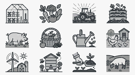 Dynamic Monochromatic Agricultural and Farming Life Set Featuring Greenhouses Crops Livestock and Farm Equipment © Mad