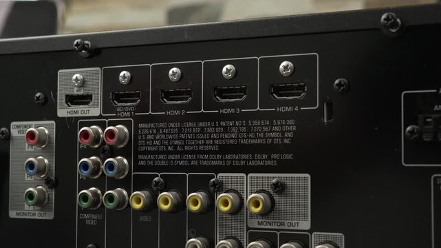 Macro shot of labeled HDMI AV video inputs above o 2 RCA jacks on a consumer AV unit with one connector attached.