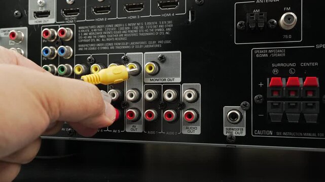 Male hand connects yellow and red RCA cables into the monitor out ports of an o video receiver, emphasizing analog connections and home entertainment setup.