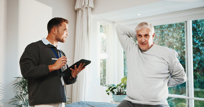 Physiotherapist, stretching and old man in office with tablet, evaluation or track recovery progress. Physical therapist, senior person and exercise with tech, rehabilitation and mobility assessment.