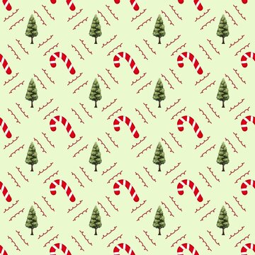 Cute christmas with candy cane and pine tree on green background