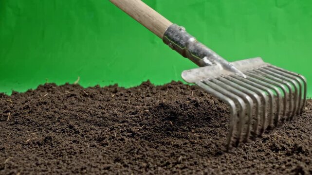 Metal landscape rake head moving across dirt making rows of soil against a green screen chroma key background