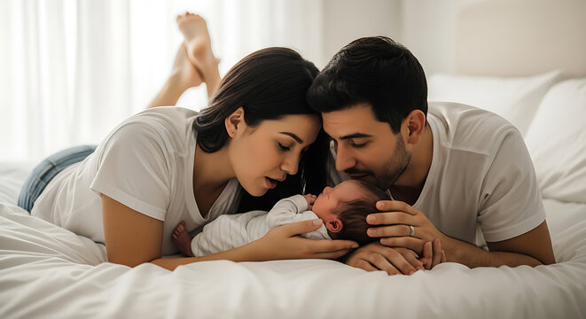 Loving young parents lying on bed leaning tenderly over infant newborn baby