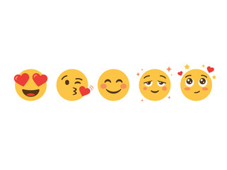 Naklejka premium Five cartoon emoji faces showing emotions with hearts.