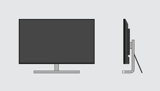 Sleek smart television monitor is shown in front and profile side views to highlight its thin panel design and silver stand.