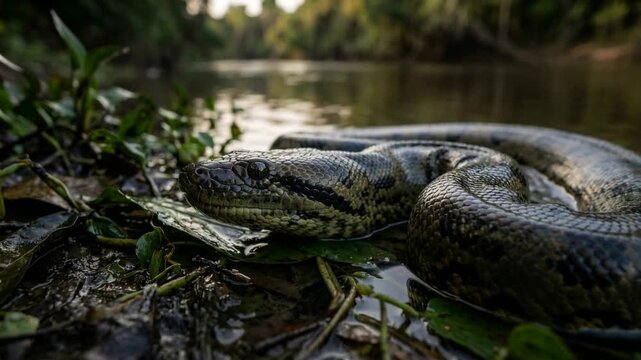 green anaconda close up in amazon rainforest brazil morning light video