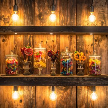 Assortment of colorful candies in glass jars on wooden shelves with warm lighting.