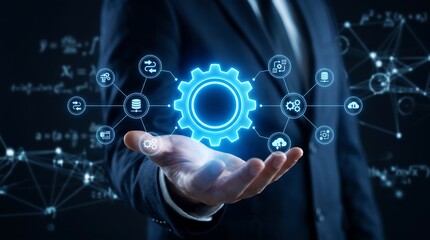 Fototapeta premium Business Process Management and Workflow Automation Diagram with Connected Gears and Digital Icons