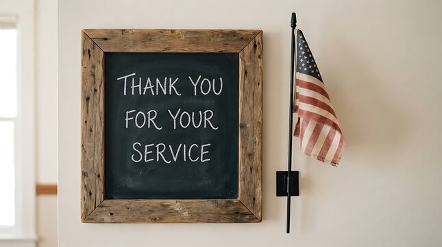 Rustic chalkboard sign with the message thank you for your service next to a small american flag