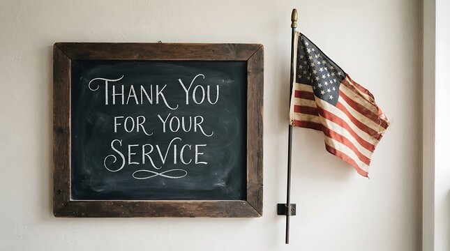 A wooden framed chalkboard sign with the message thank you for our service next to an american flag