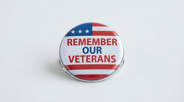 A round lapel pin with an american flag design and the text remember our veterans isolated on white