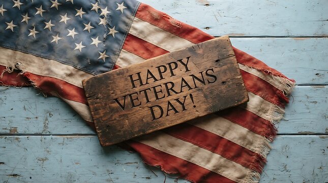 A rustic wooden sign with the text happy veterans day resting on an american flag background