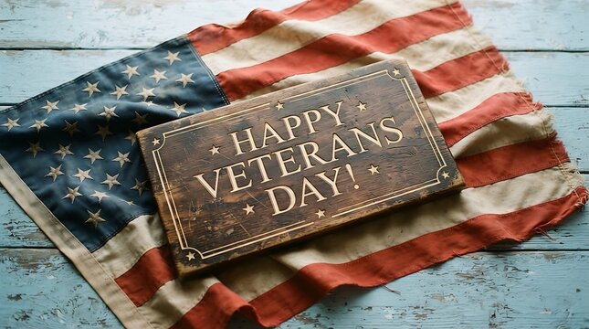 Happy veterans day sign resting on an american flag over a rustic wooden background for patriotic celebration