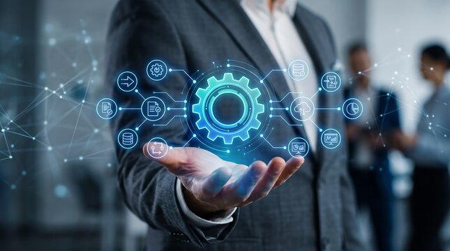 Workflow Automation and Business Process Optimization Concept with Network Connections and Technology Symbols