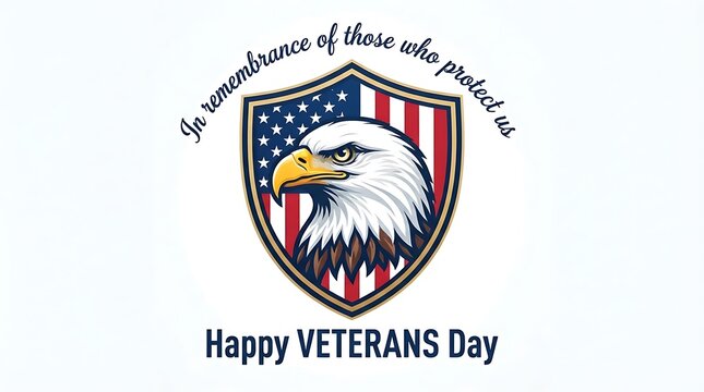 American bald eagle head inside a patriotic shield with text celebrating veterans day and military service