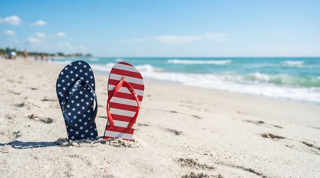 A pair of flip flops with american flag patterns standing on a sunny tropical beach during summer