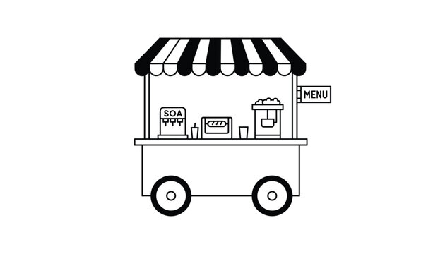 Street food cart outline drawing featuring popcorn and soda dispenser machines for a coloring page design.