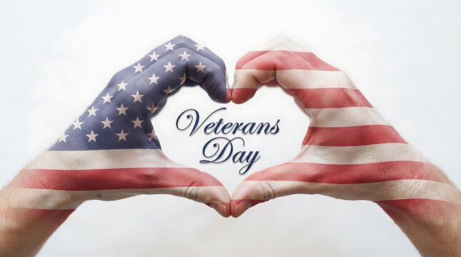 Two hands painted with the american flag forming a heart shape for veterans day celebration