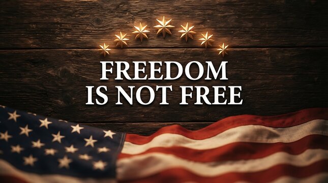 Freedom is not free text displayed over a rustic wooden background with an american flag and warm lights