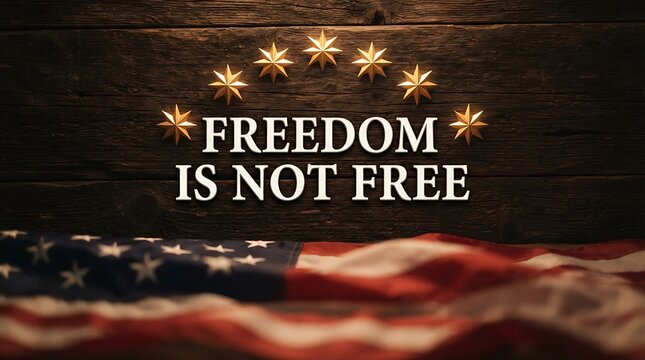 Patriotic memorial background featuring the text freedom is not free with an american flag and golden stars