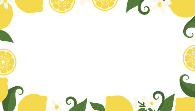 Fresh lemon border frame featuring sliced yellow fruits, green leaves, and white blossoms on a white background.