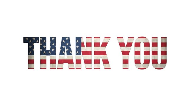 Thank you text graphic featuring the stars and stripes of the american flag isolated on white background
