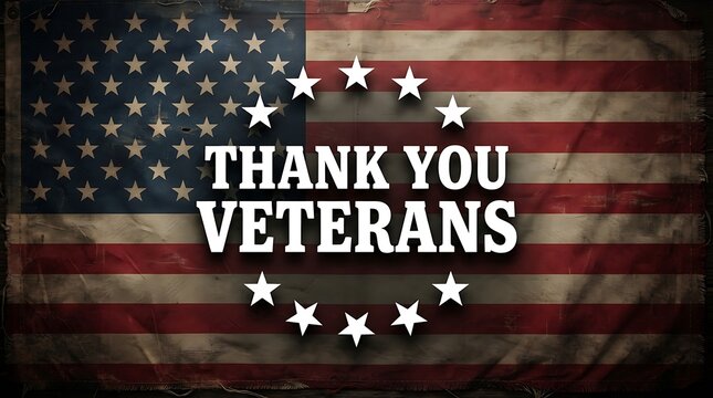 Thank you veterans text overlay on a rustic vintage style american flag background for patriotic holidays
