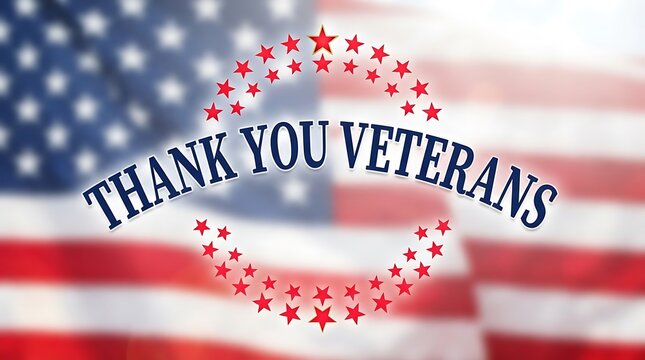 Thank you veterans text with a circular star border over a blurred american flag background image