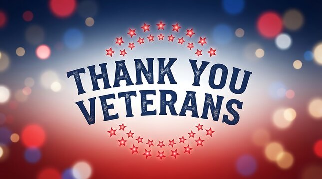 Thank you veterans text banner on a patriotic red white and blue background with soft bokeh lights