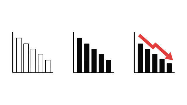 Business bar chart icons with declining trend and red arrow symbol, business
