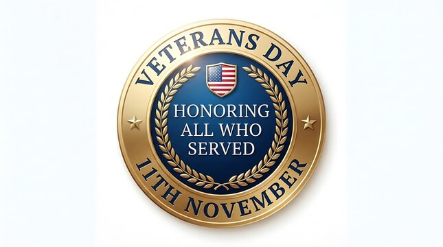 A gold veterans day commemorative medallion featuring an american flag and the text honoring all who served