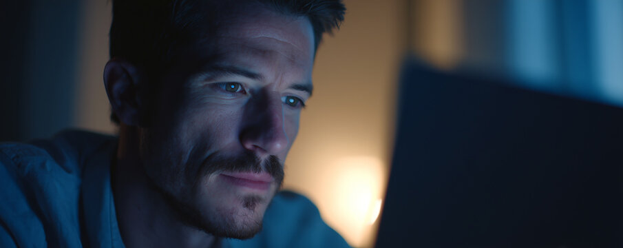 Man in 30s frowning at laptop screen with AI recommendations indoors at night