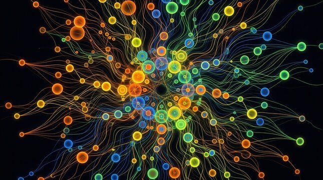 Abstract digital art featuring vibrant interconnected circles and Diatom Microcosmos: Circular Forms in Fluorescent Hues