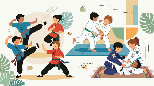 Martial arts classes for children showcase a variety of combat forms including ground work and striking techniques on decorative mats.