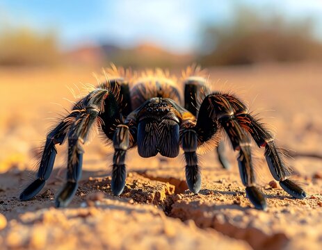 Close up of a large hairy tarantula spider on dry cracked desert ground.