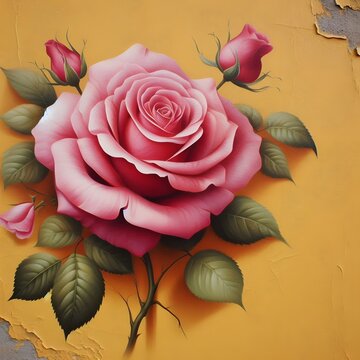 Painted pink rose isolated on yello backgoround