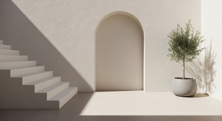Fototapeta premium Minimalist Modern Architecture Scene with Arched Niche, White Stairs, and Olive Tree in Pot under Bright Sunlight