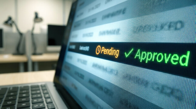 Macro view of a laptop screen displaying a highlighted row changing from pending to approved representing digital workflow management, fast authorization, and successful task completion.