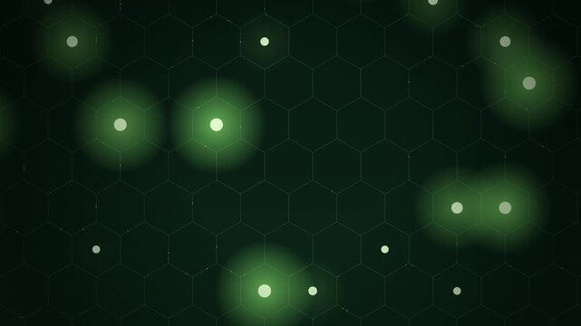 Blurred glowing green bokeh orbs over a faint hexagon grid on dark green background
