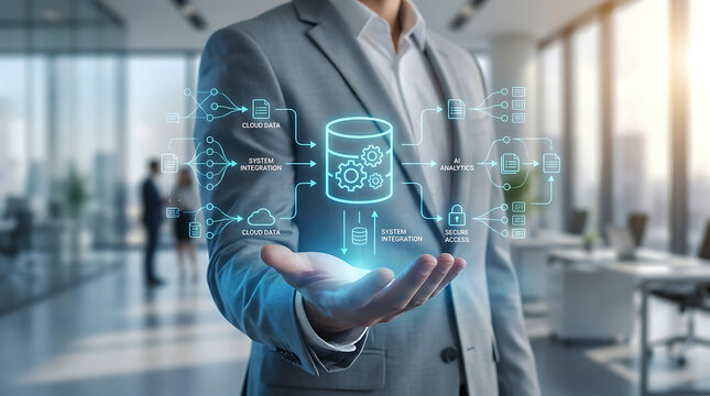 Businessman holding digital hologram of database and cloud computing data management system