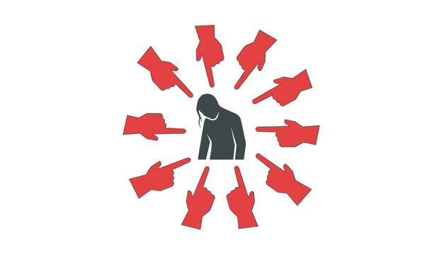 Sad depressed female silhouette surrounded by many red pointing fingers representing social bullying or blame.