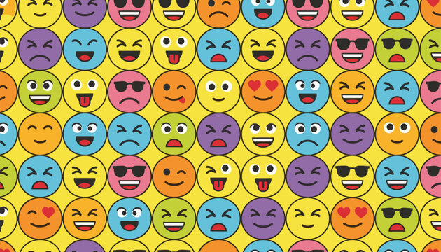 Colorful seamless pattern of diverse emoji faces showing different expressions on a bright yellow background.