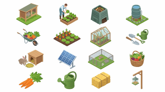 Colorful isometric icons of gardening tools and farm elements.
