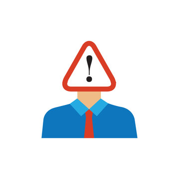 Flat Vector Businessman with Warning Triangle and Exclamation Mark Head Icon